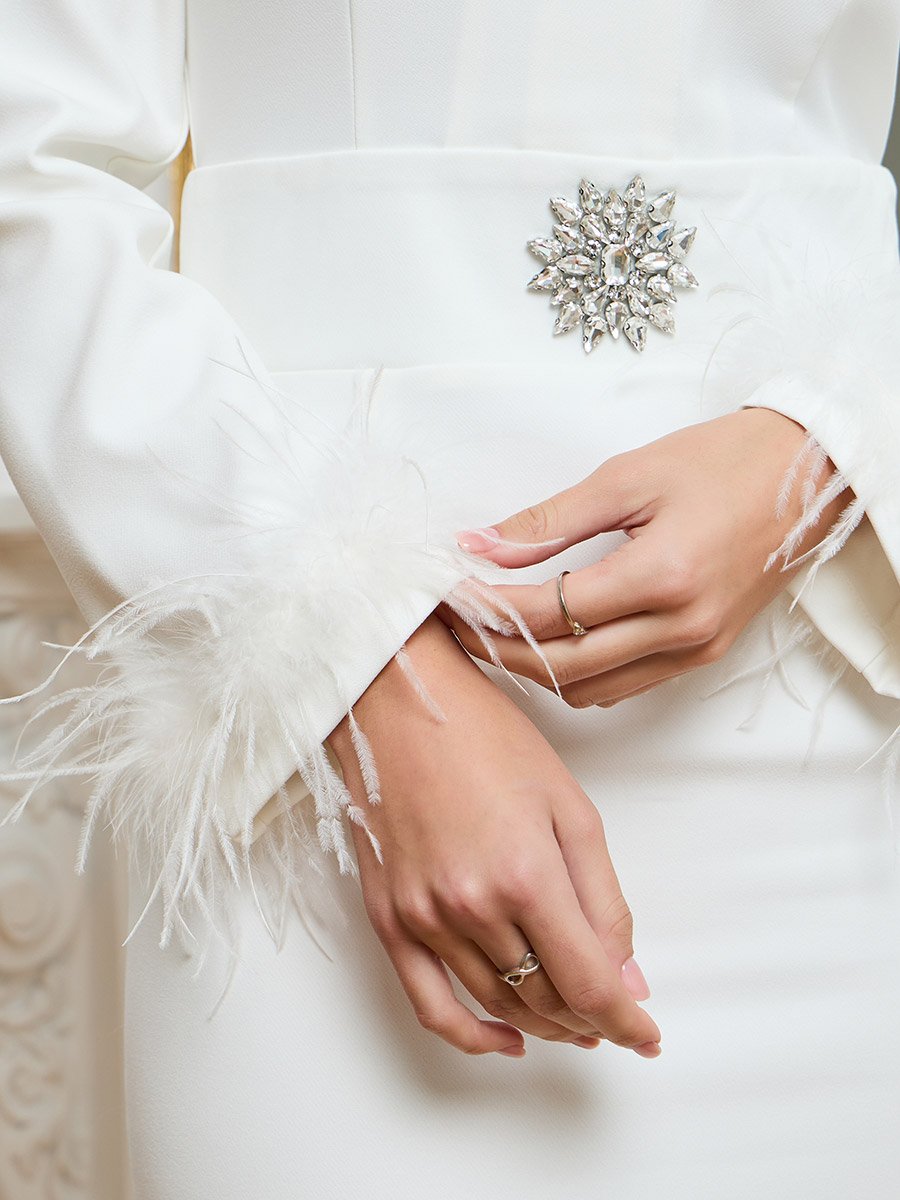 White Faux Fur Cuff Detail Blazer Midi Dress