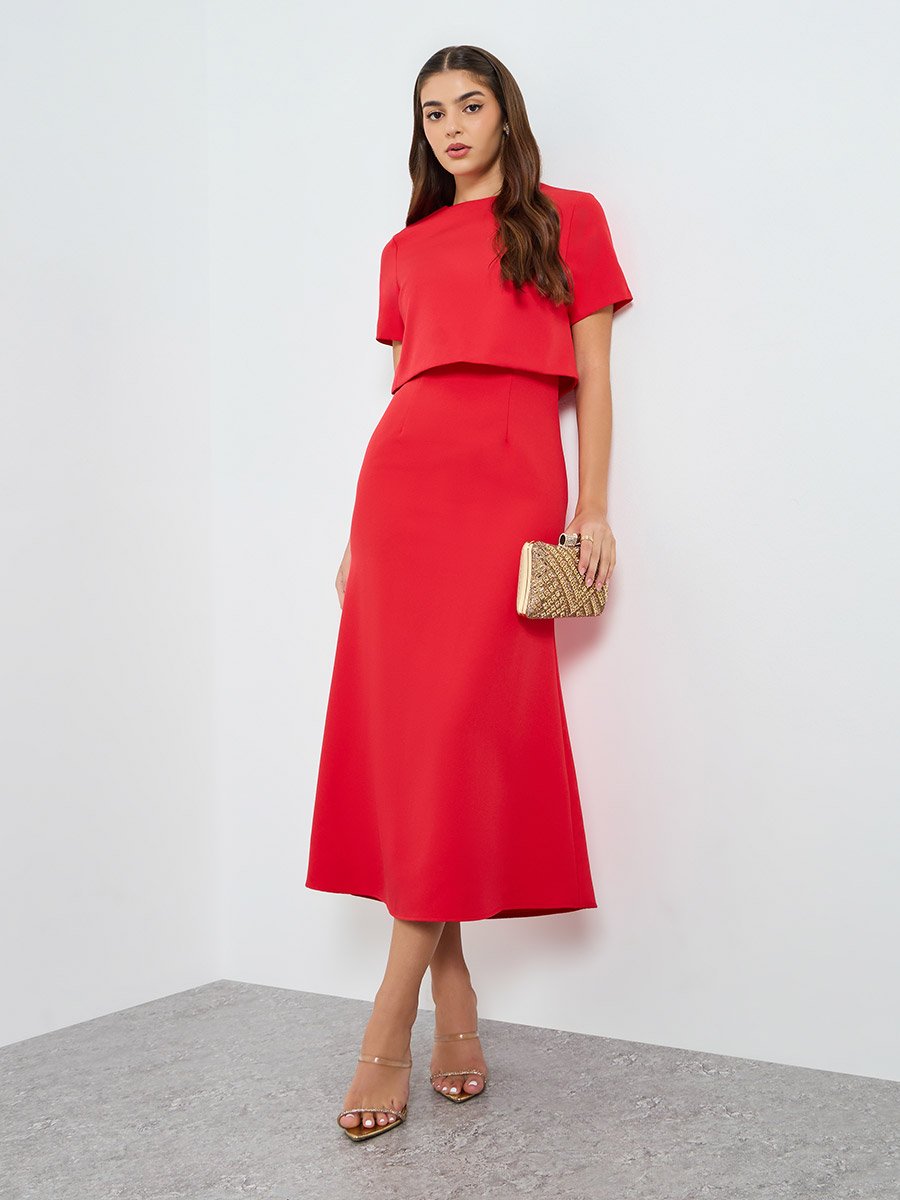 Red Short Sleeves A-Line Midi Dress