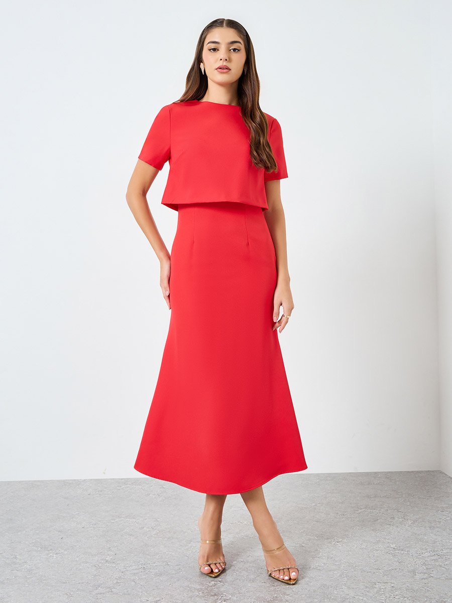 Red Short Sleeves A-Line Midi Dress