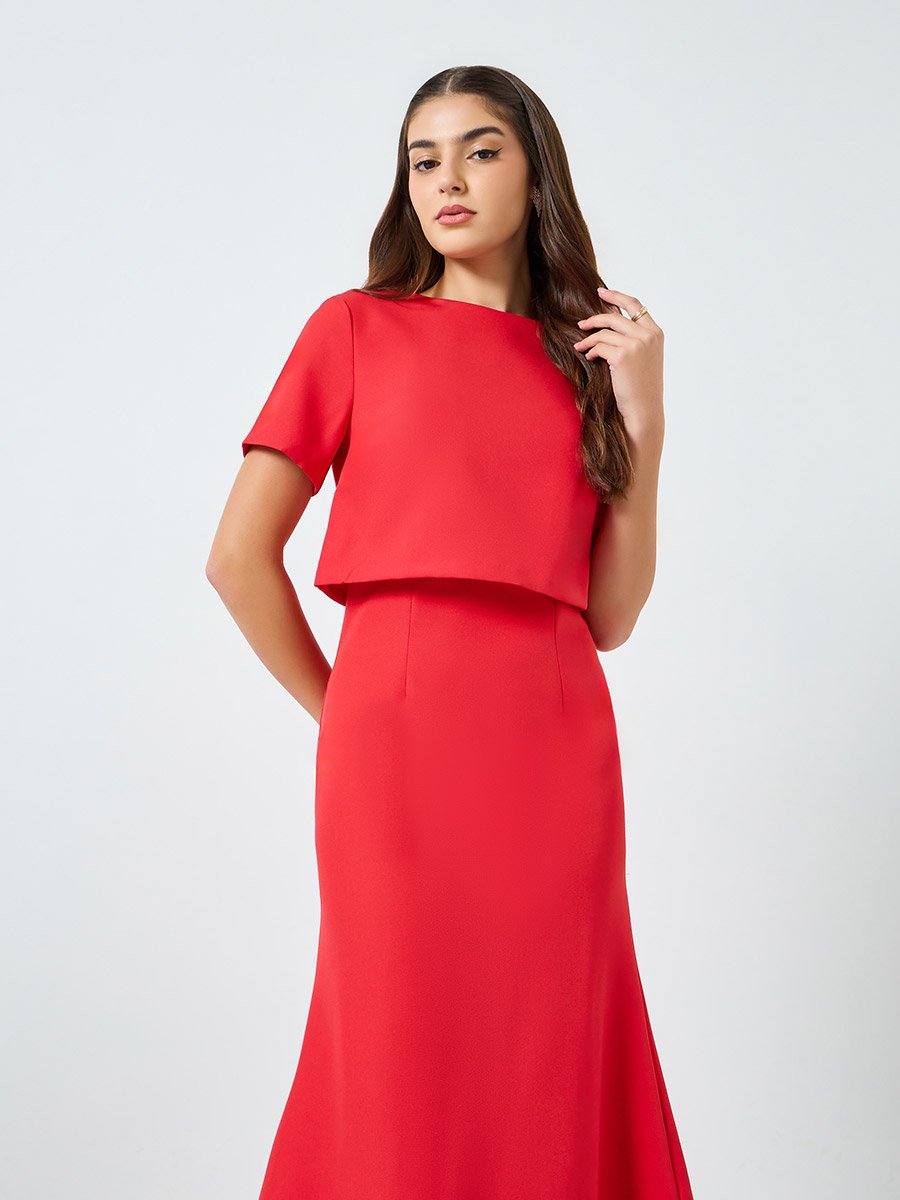 Red Short Sleeves A-Line Midi Dress