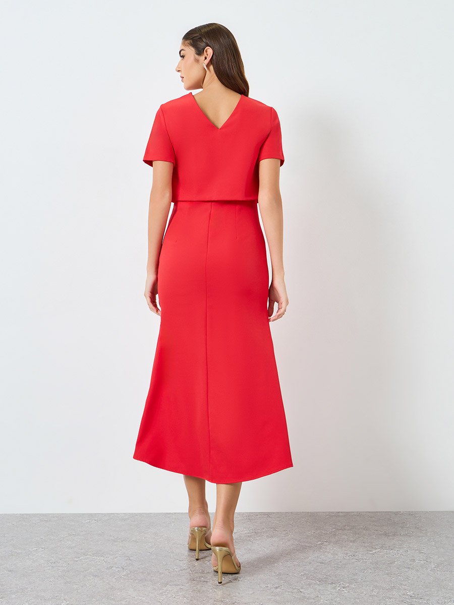 Red Short Sleeves A-Line Midi Dress