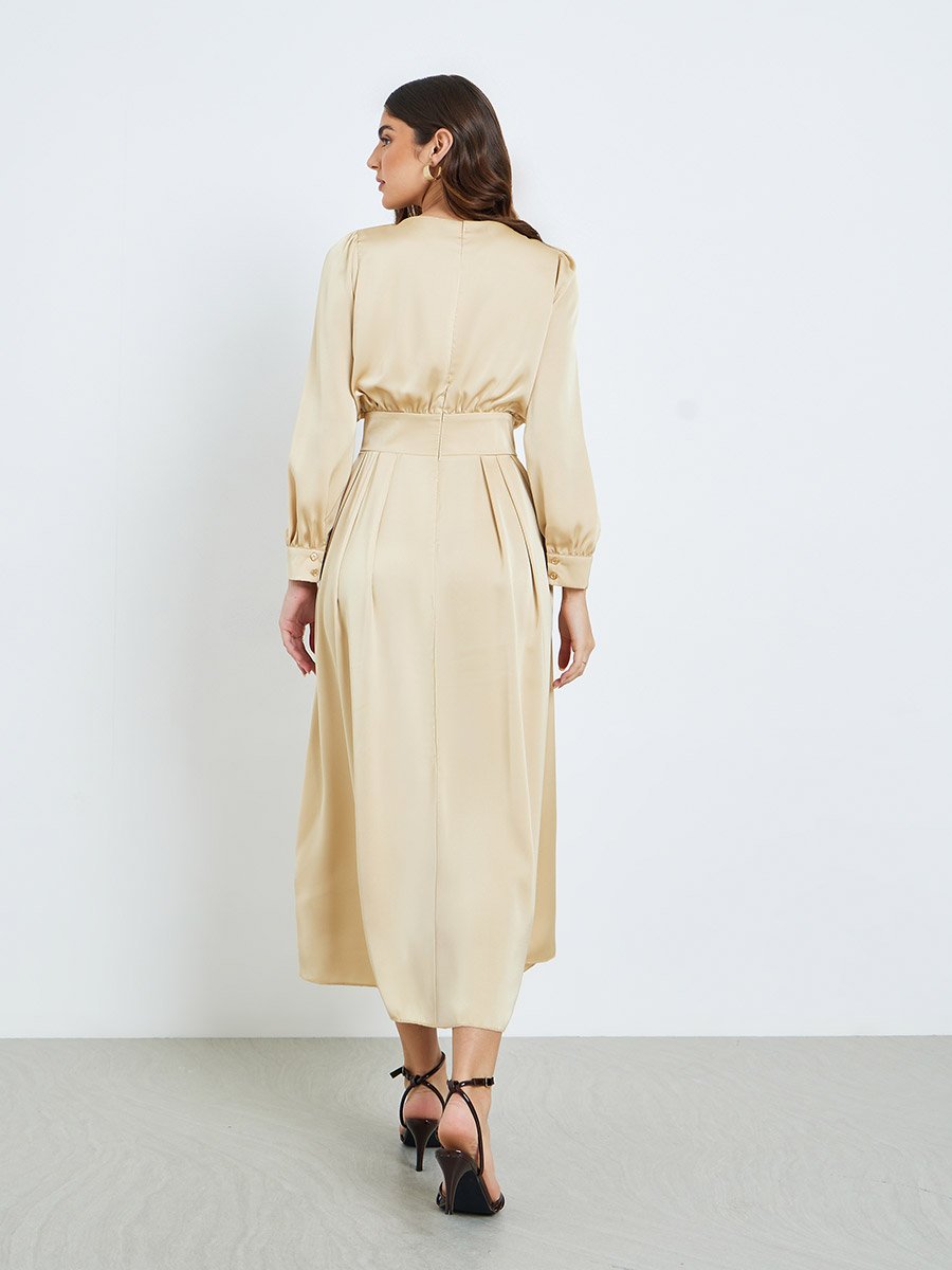 Women Beige Pleated A-Line Maxi Dress For Women at Saudi | Styli