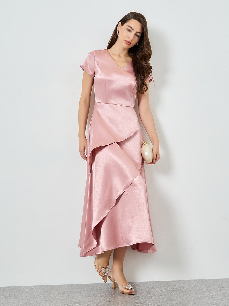 knee length dresses for ladies Satin Tiered Maxi Dress Dusty Navy / Medium main image 0