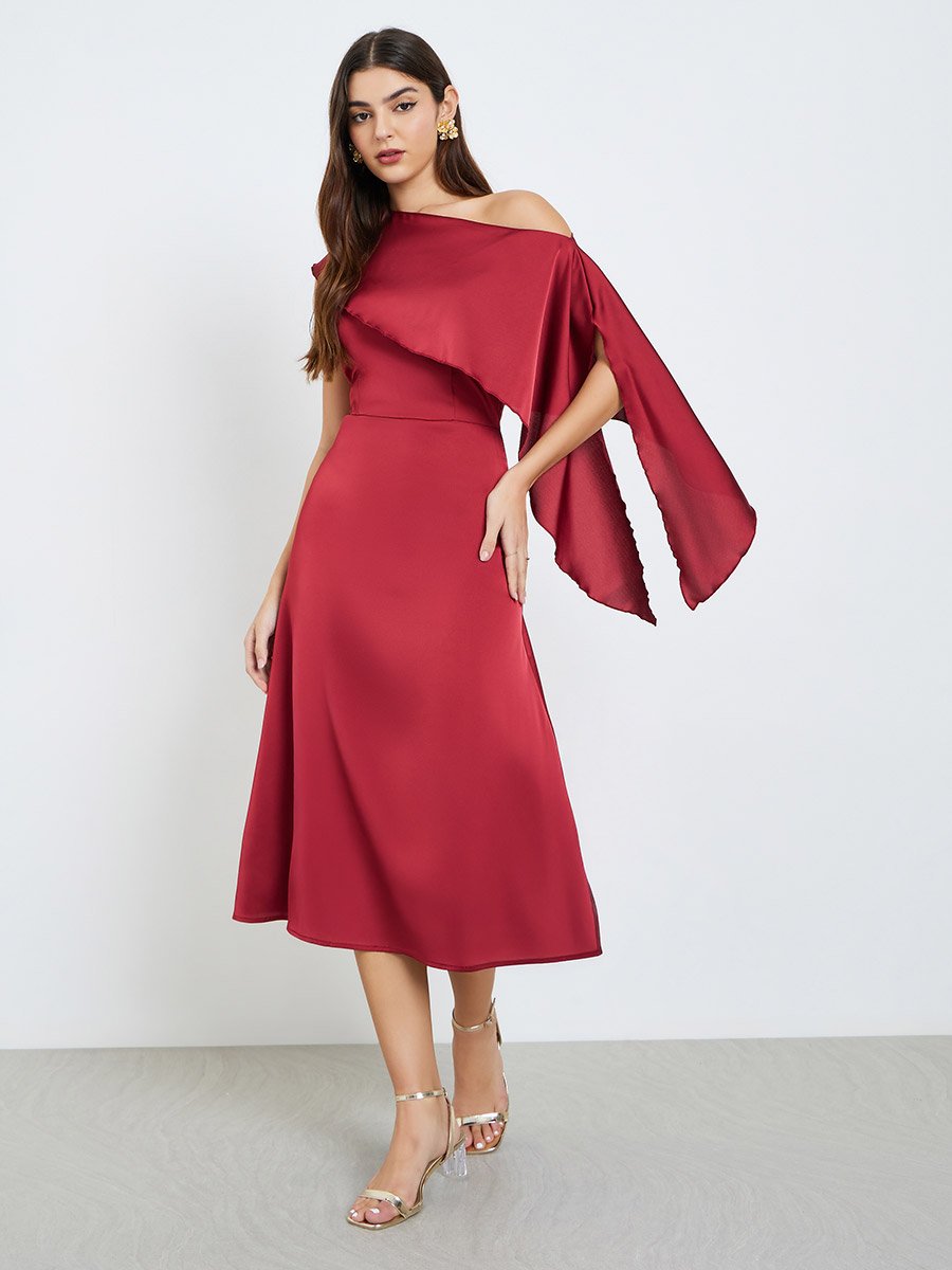 Red One Shoulder Neck Midi Dress