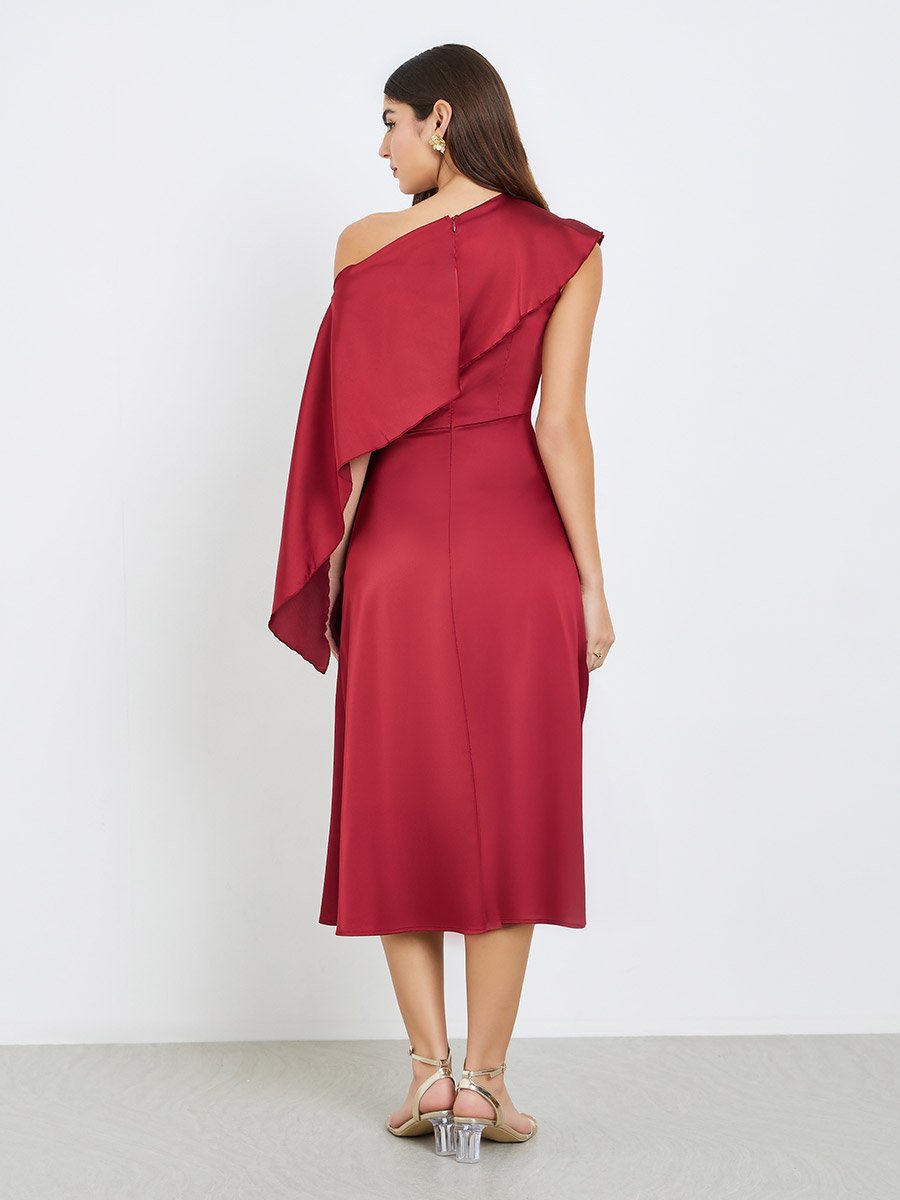 Red One Shoulder Neck Midi Dress