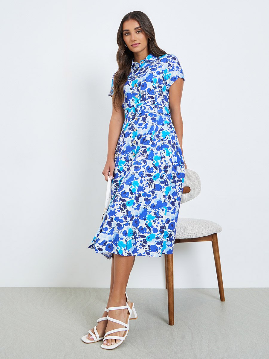 Women Blue Floral Print Shirt Midi Dress