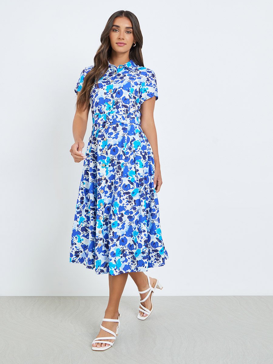Women Blue Floral Print Shirt Midi Dress