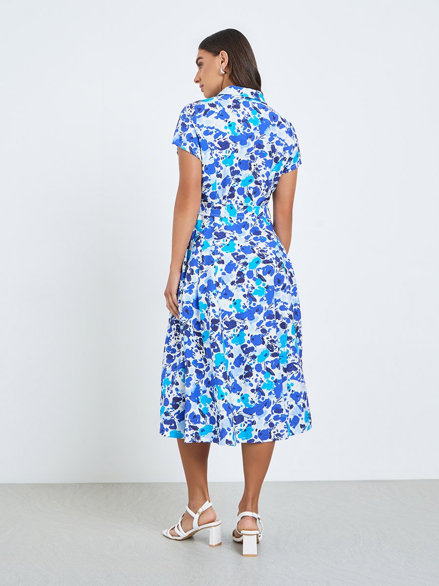 Women Blue Floral Print Shirt Midi Dress
