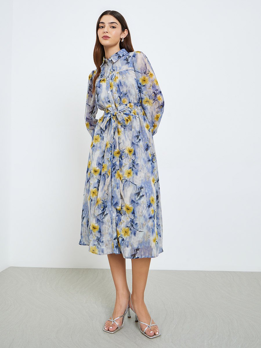 Women Blue Floral Print Midi Shirt Dress