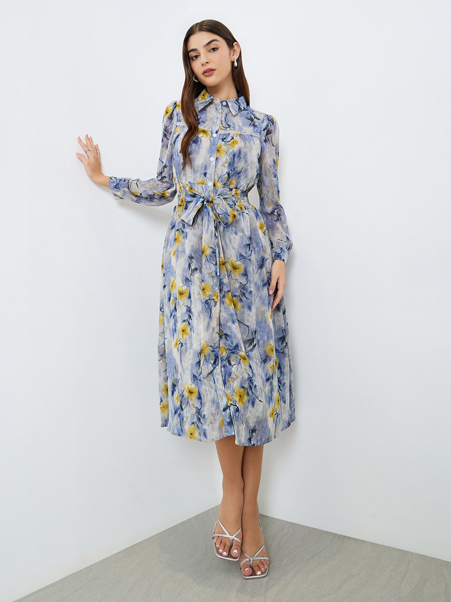 Women Blue Floral Print Midi Shirt Dress