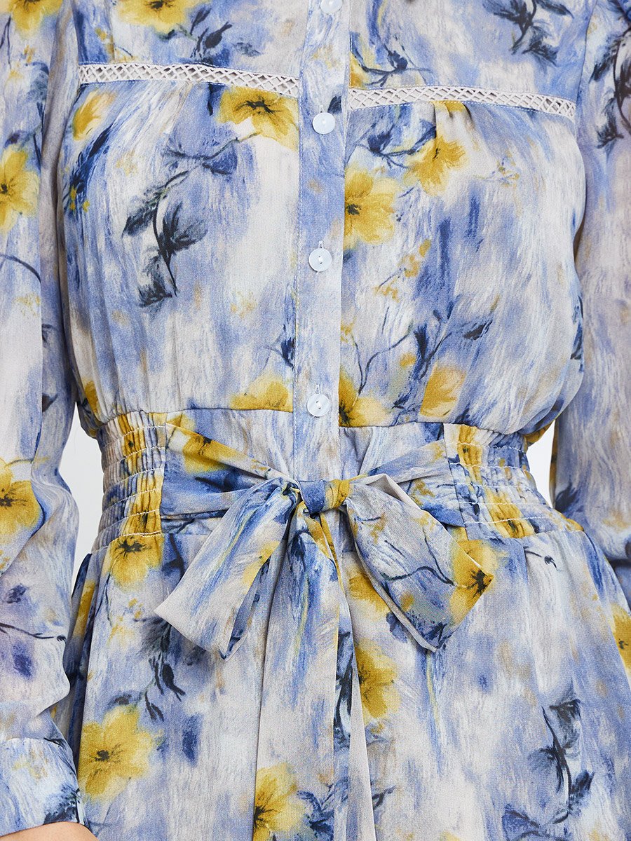 Women Blue Floral Print Midi Shirt Dress