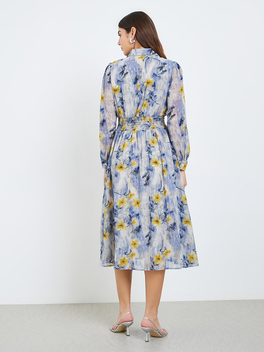 Women Blue Floral Print Midi Shirt Dress