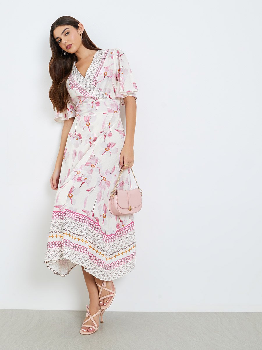 Women Pink Floral Short Sleeves A-Line Maxi Dress