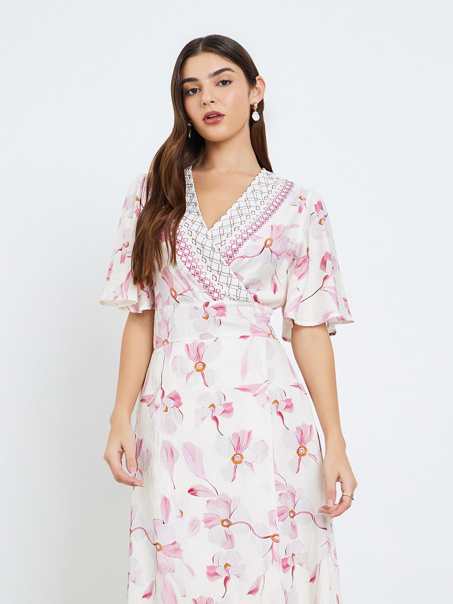 Women Pink Floral Short Sleeves A-Line Maxi Dress