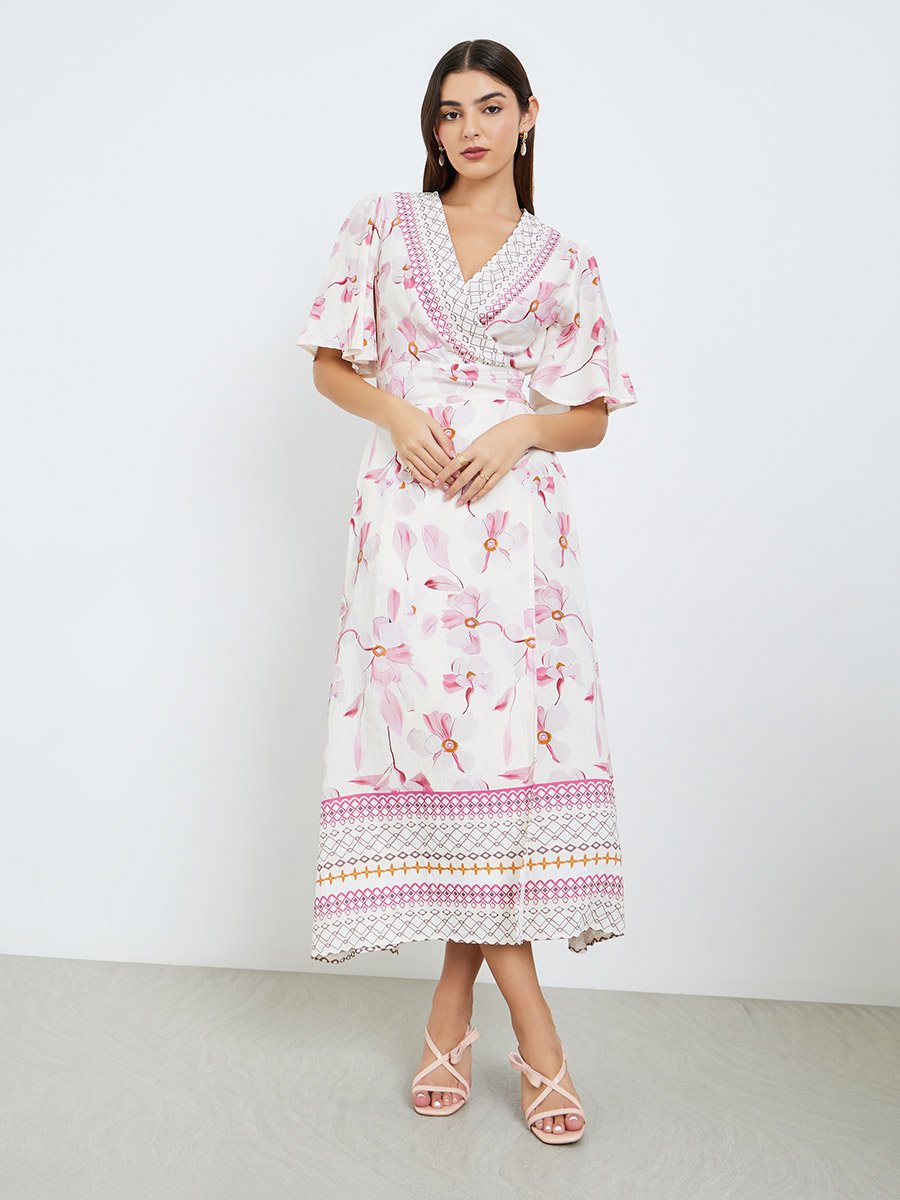 Women Pink Floral Short Sleeves A-Line Maxi Dress