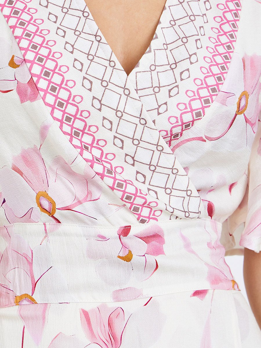 Women Pink Floral Short Sleeves A-Line Maxi Dress