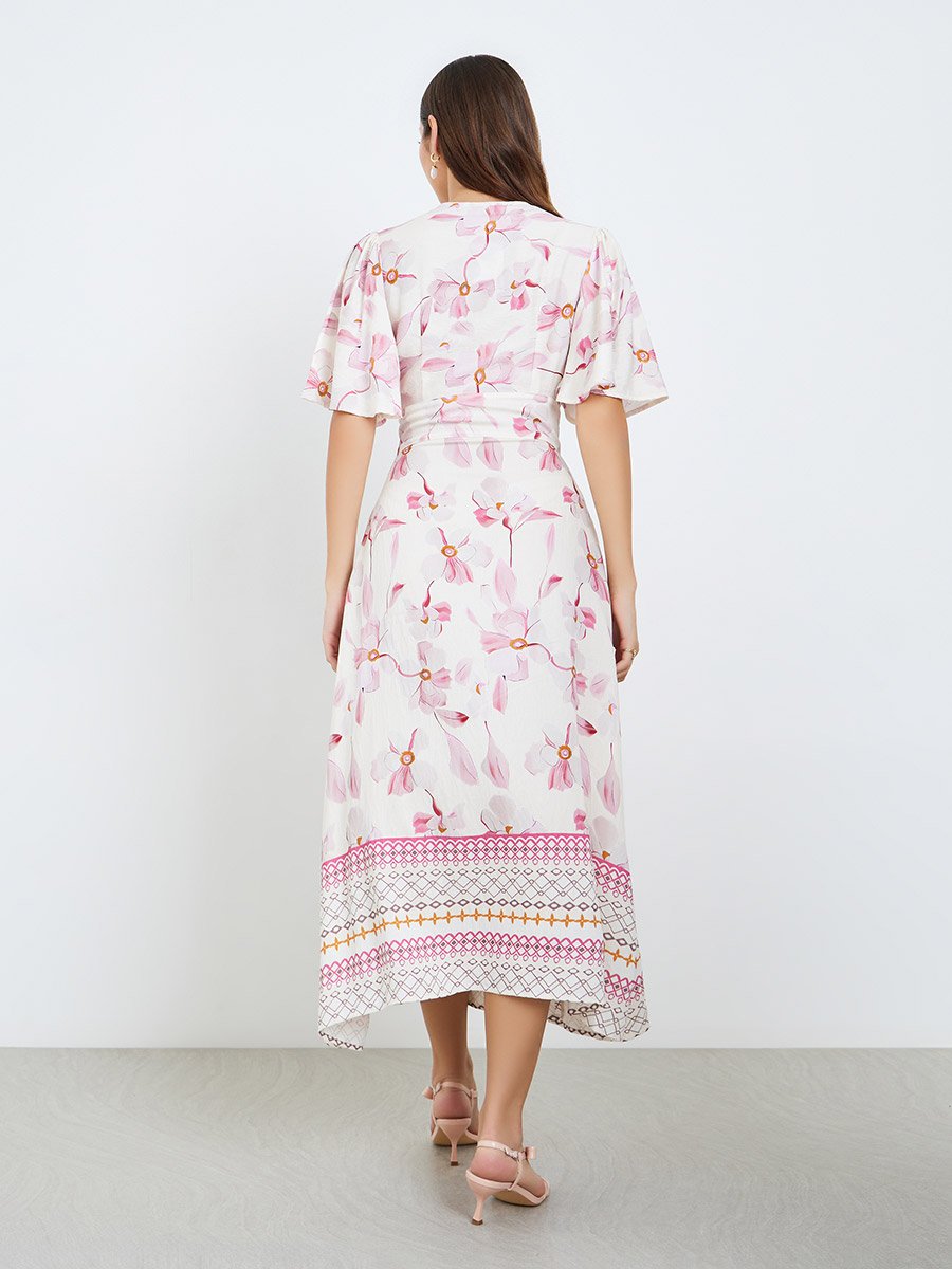 Women Pink Floral Short Sleeves A-Line Maxi Dress