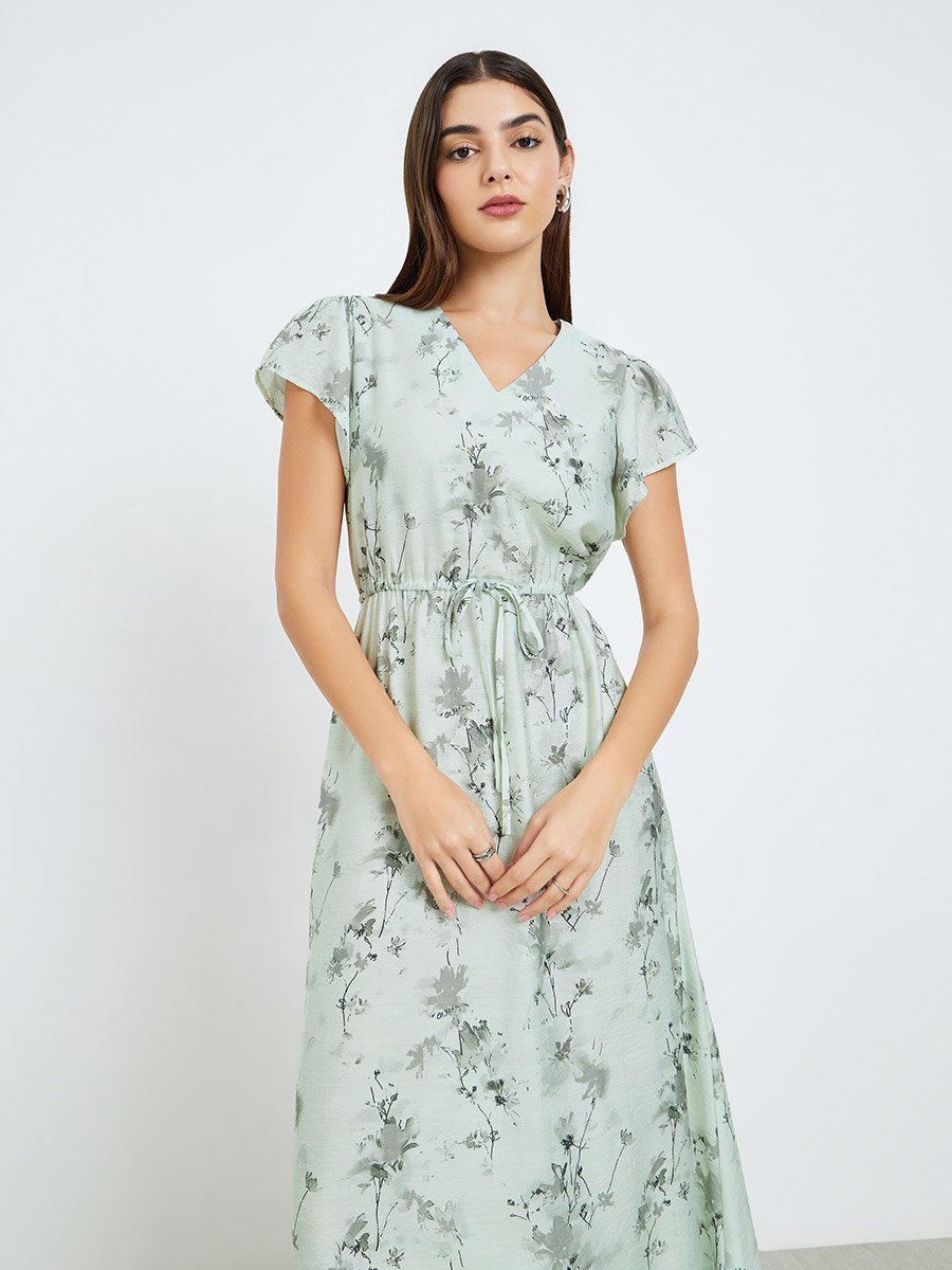 Women Green Floral Print Short Sleeves Maxi Dress