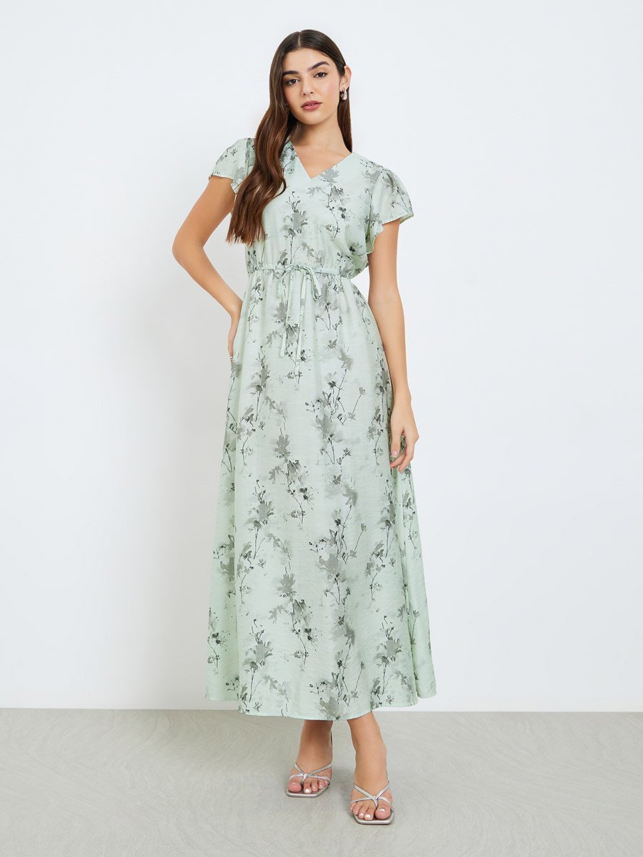 Women Green Floral Print Short Sleeves Maxi Dress