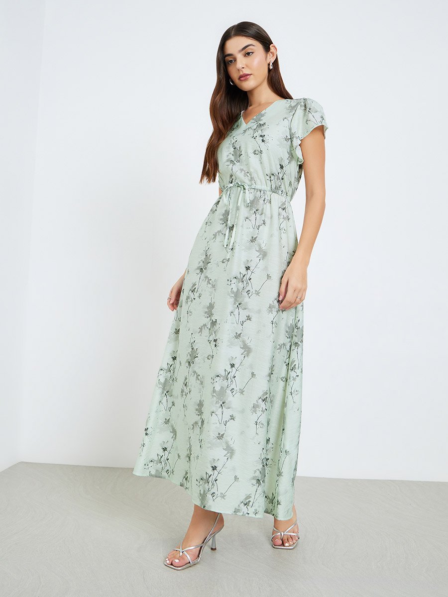 Women Green Floral Print Short Sleeves Maxi Dress