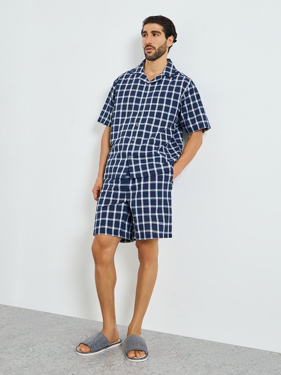 Men Navy Checkered Cotton Shirt and Shorts Set
