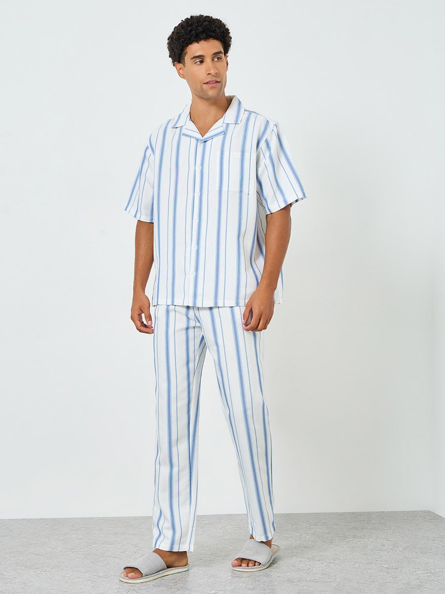 Men Striped Cotton Relaxed Shirt and Pyjama Set
