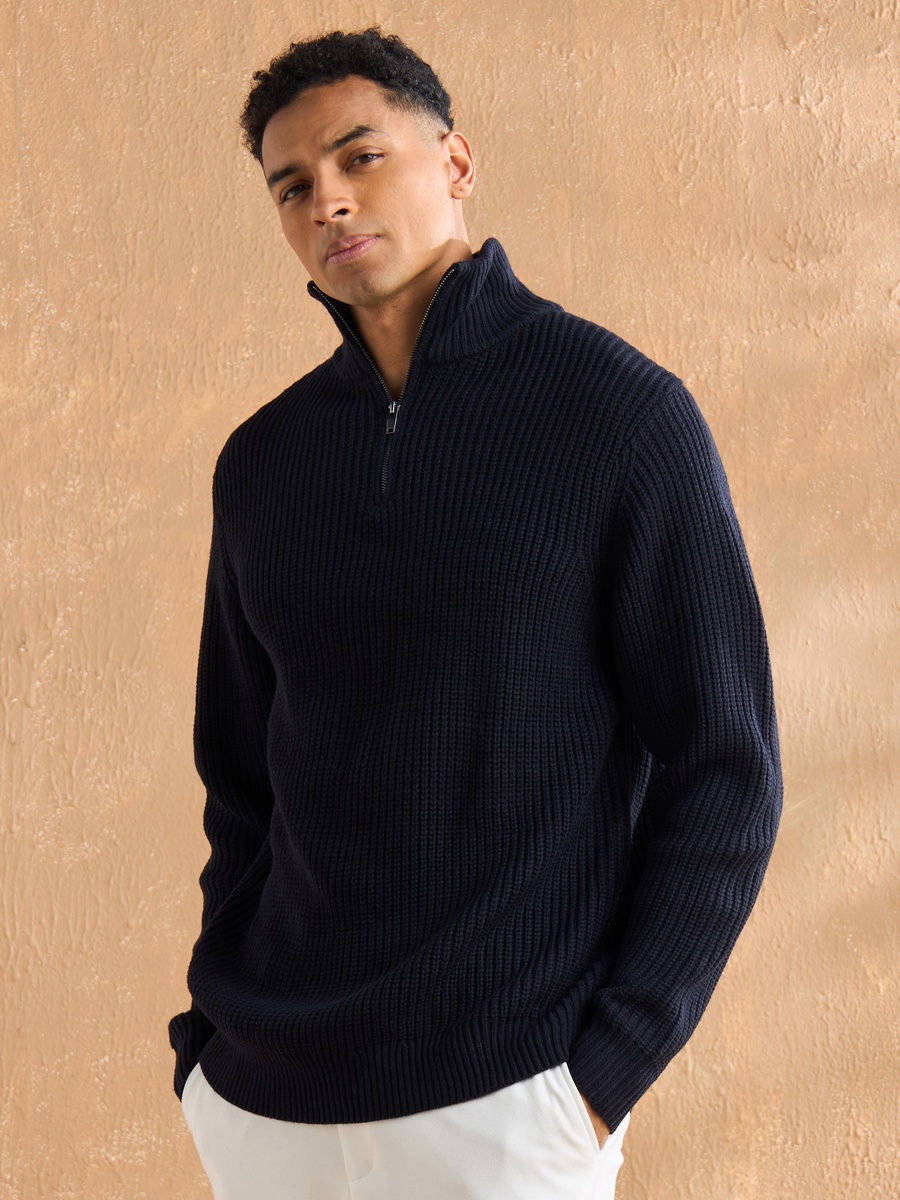 Textured High Neck Sweater with Half Zip