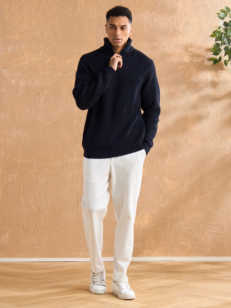 Textured High Neck Sweater with Half Zip