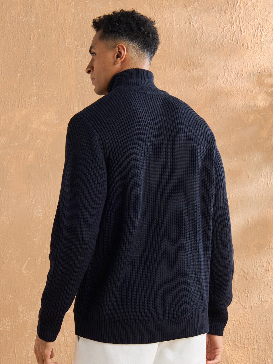 Textured High Neck Sweater with Half Zip