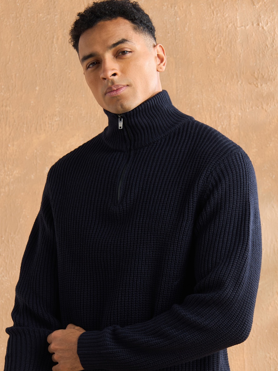 Textured High Neck Sweater with Half Zip