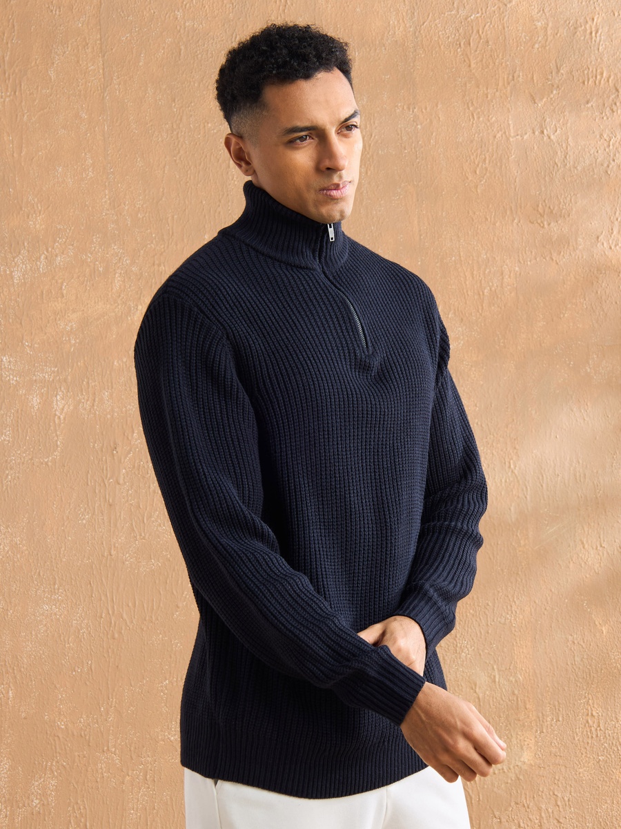 Textured High Neck Sweater with Half Zip