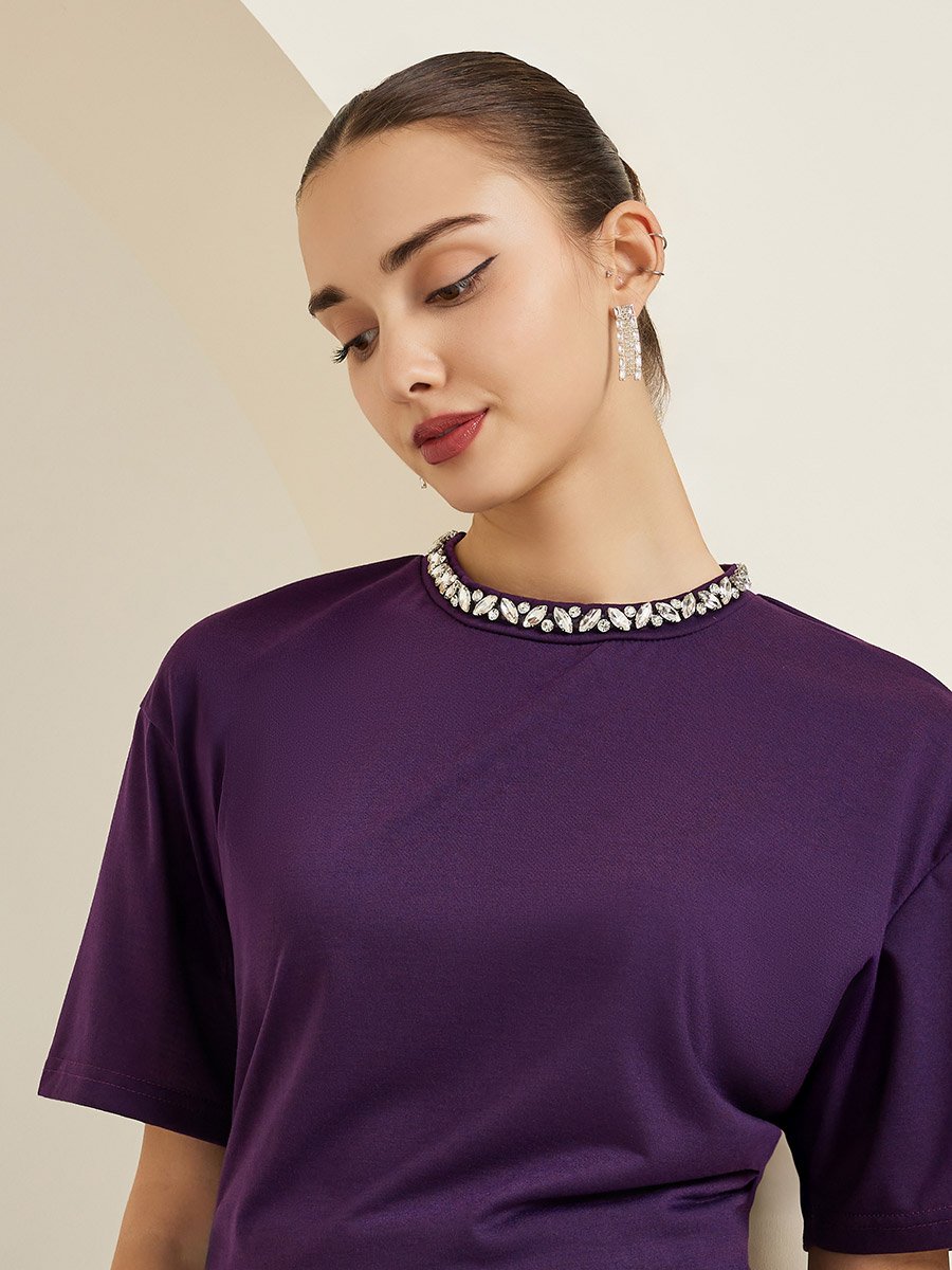 Purple Embellished Neckline Oversized T-Shirt