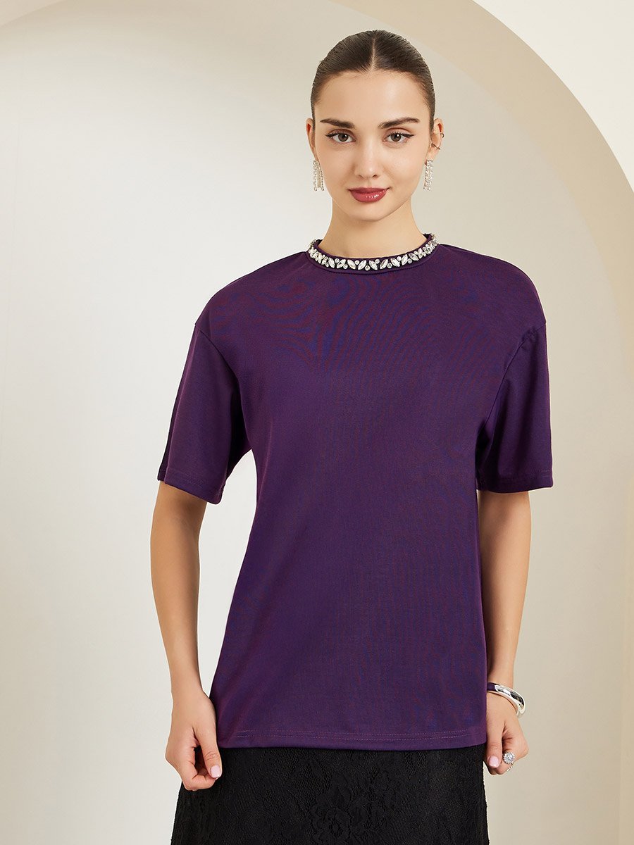 Purple Embellished Neckline Oversized T-Shirt