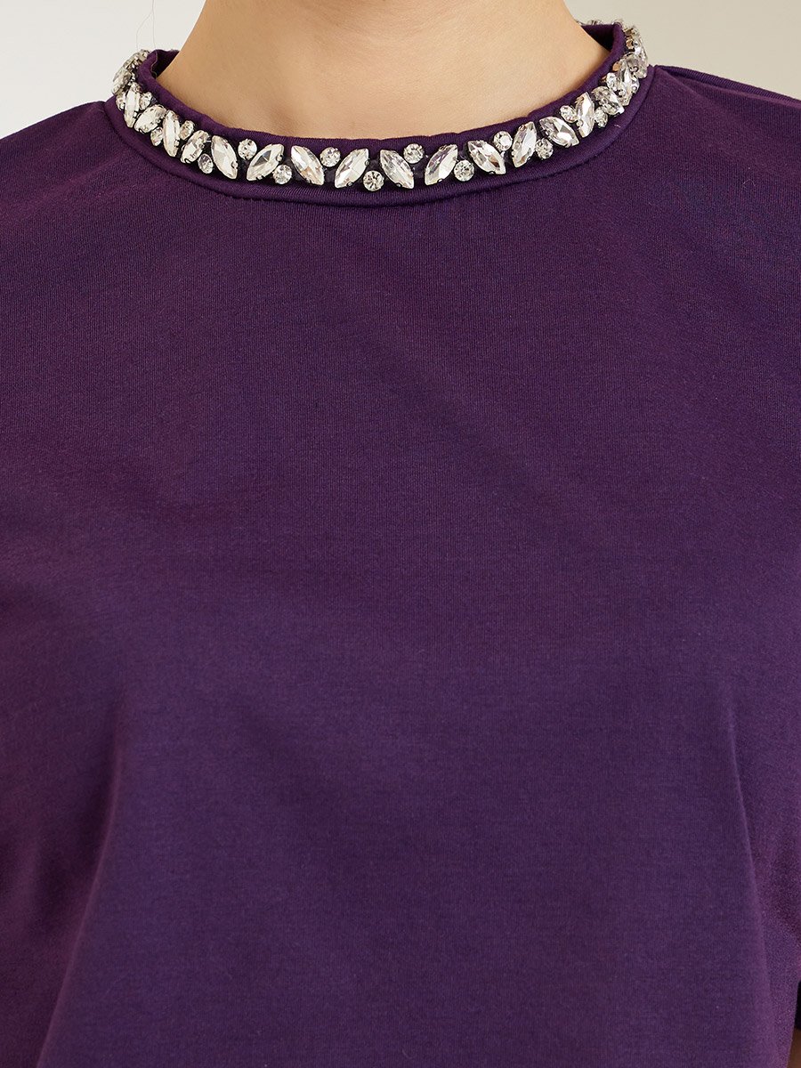 Purple Embellished Neckline Oversized T-Shirt