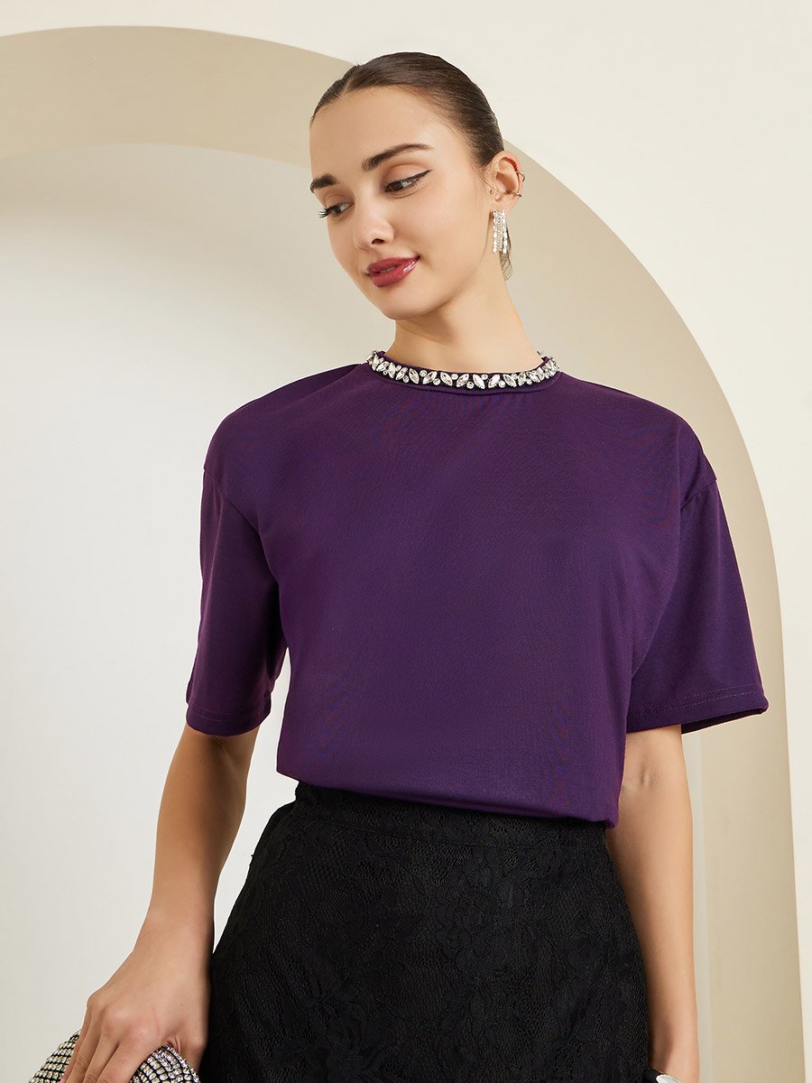 Purple Embellished Neckline Oversized T-Shirt