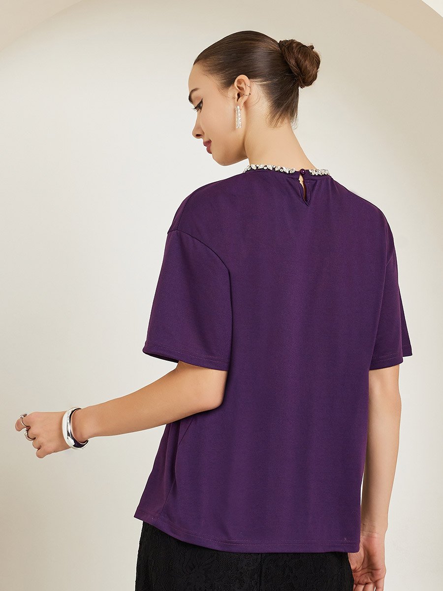 Purple Embellished Neckline Oversized T-Shirt