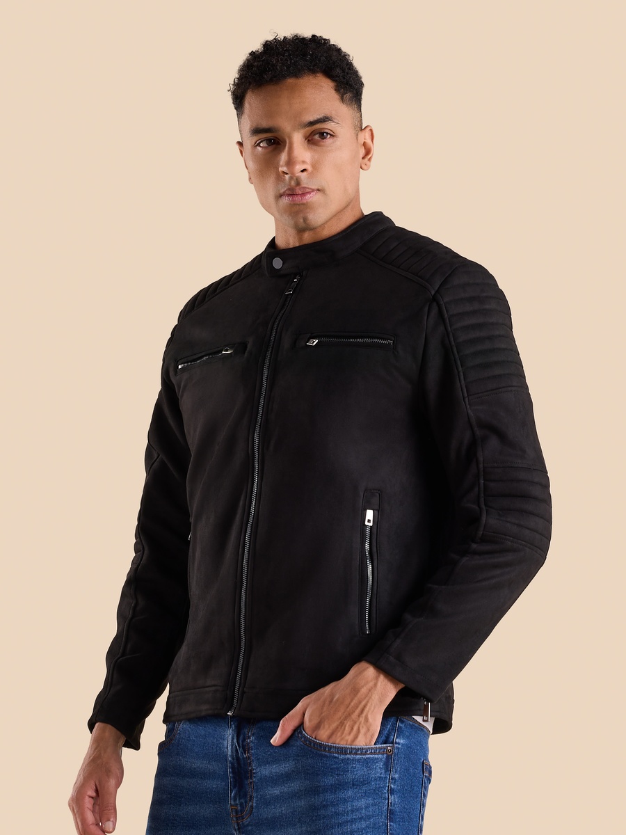 Suede Biker Jacket with Quilted Sleeves