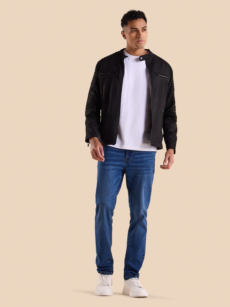 Suede Biker Jacket with Quilted Sleeves