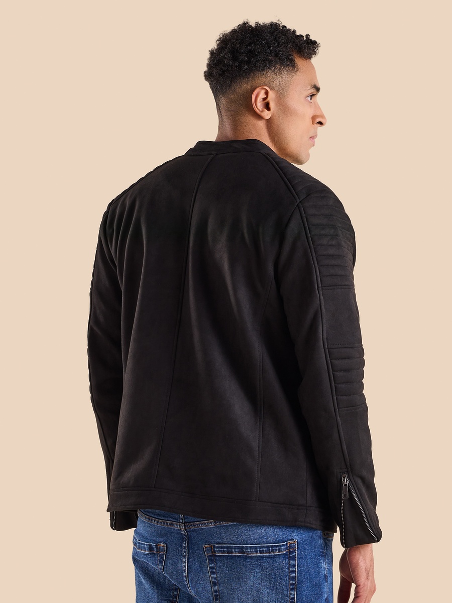 Suede Biker Jacket with Quilted Sleeves