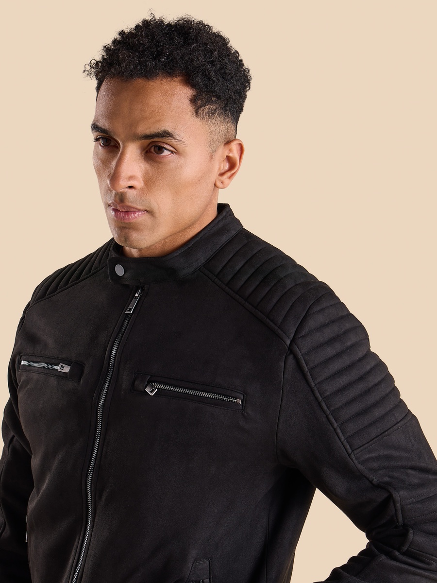 Suede Biker Jacket with Quilted Sleeves