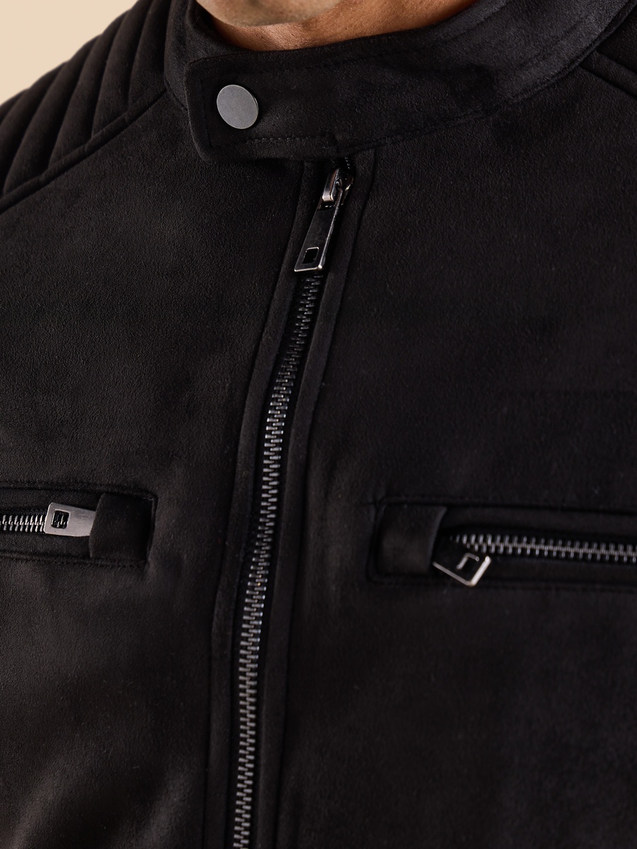 Suede Biker Jacket with Quilted Sleeves