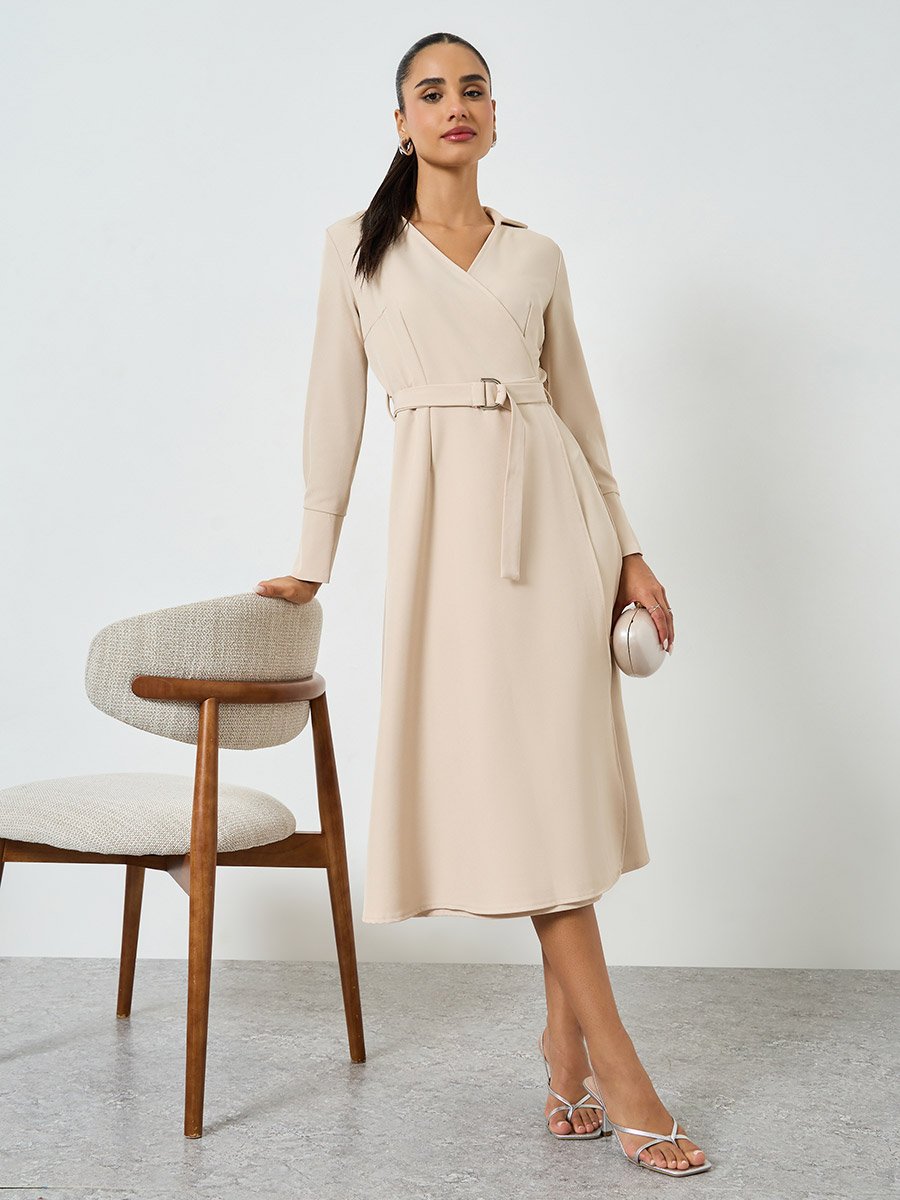 Beige Long Sleeves Wrap Midi Dress For Women at Bahrain | Styli