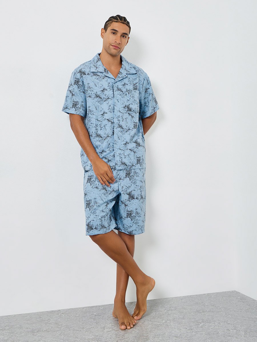Men Blue Printed Shirt and Pyjama Set