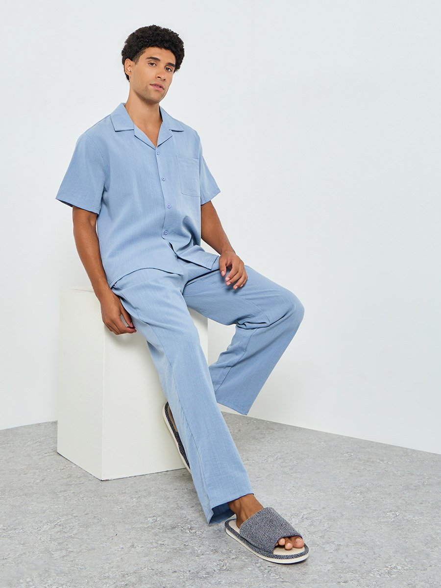 Men Blue Buttoned Shirt and Relaxed Pyjama Set