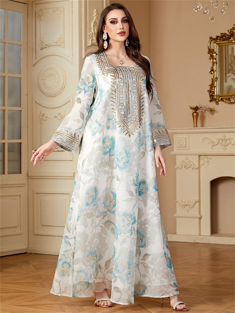 Women Floral Printed Sequins Embellished Jalabiya