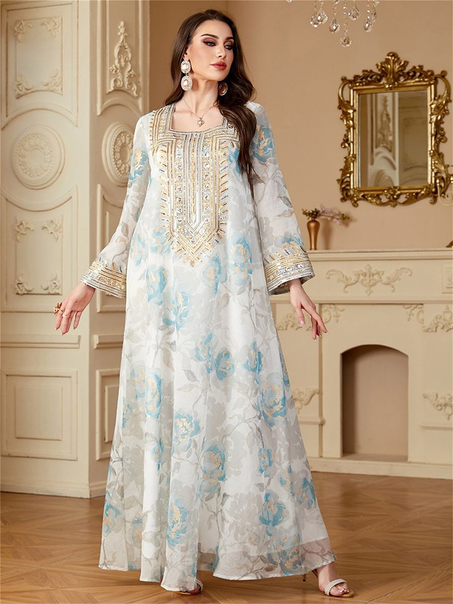 Women Floral Printed Sequins Embellished Jalabiya