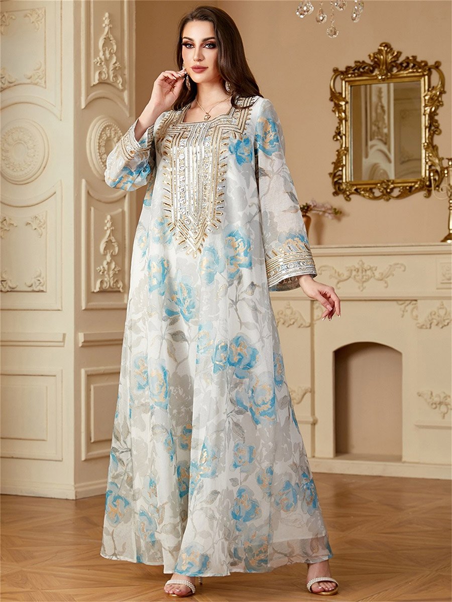 Women Floral Printed Sequins Embellished Jalabiya