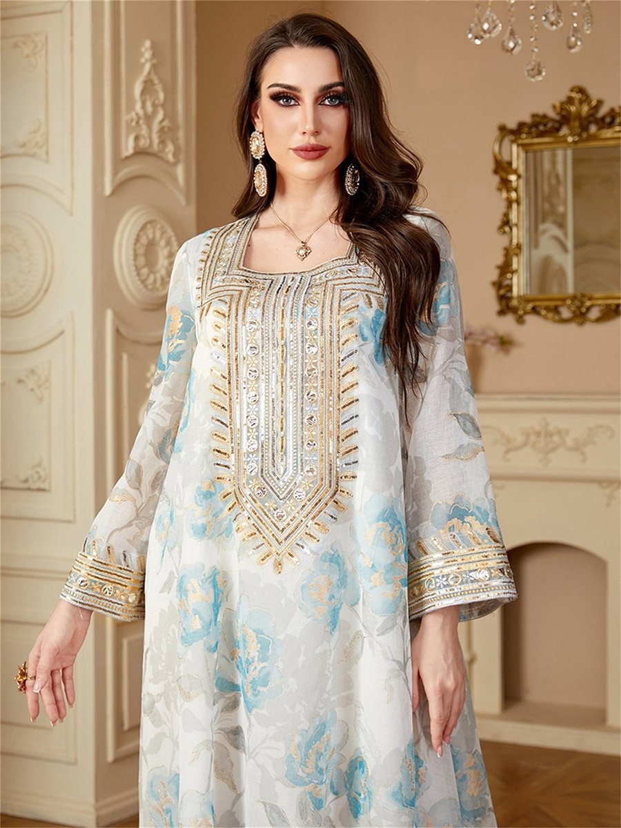 Women Floral Printed Sequins Embellished Jalabiya