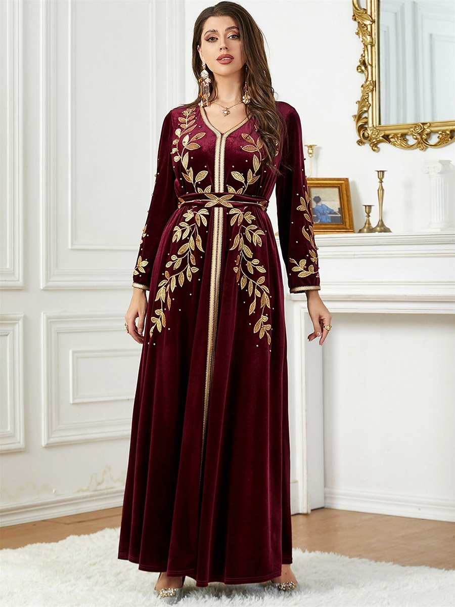 Women Fitted Waist Leaf Embellished Jalabiya