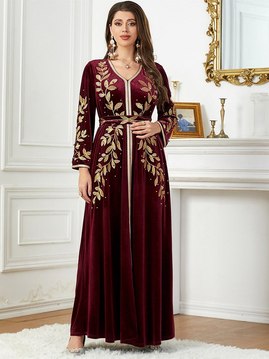 Women Fitted Waist Leaf Embellished Jalabiya